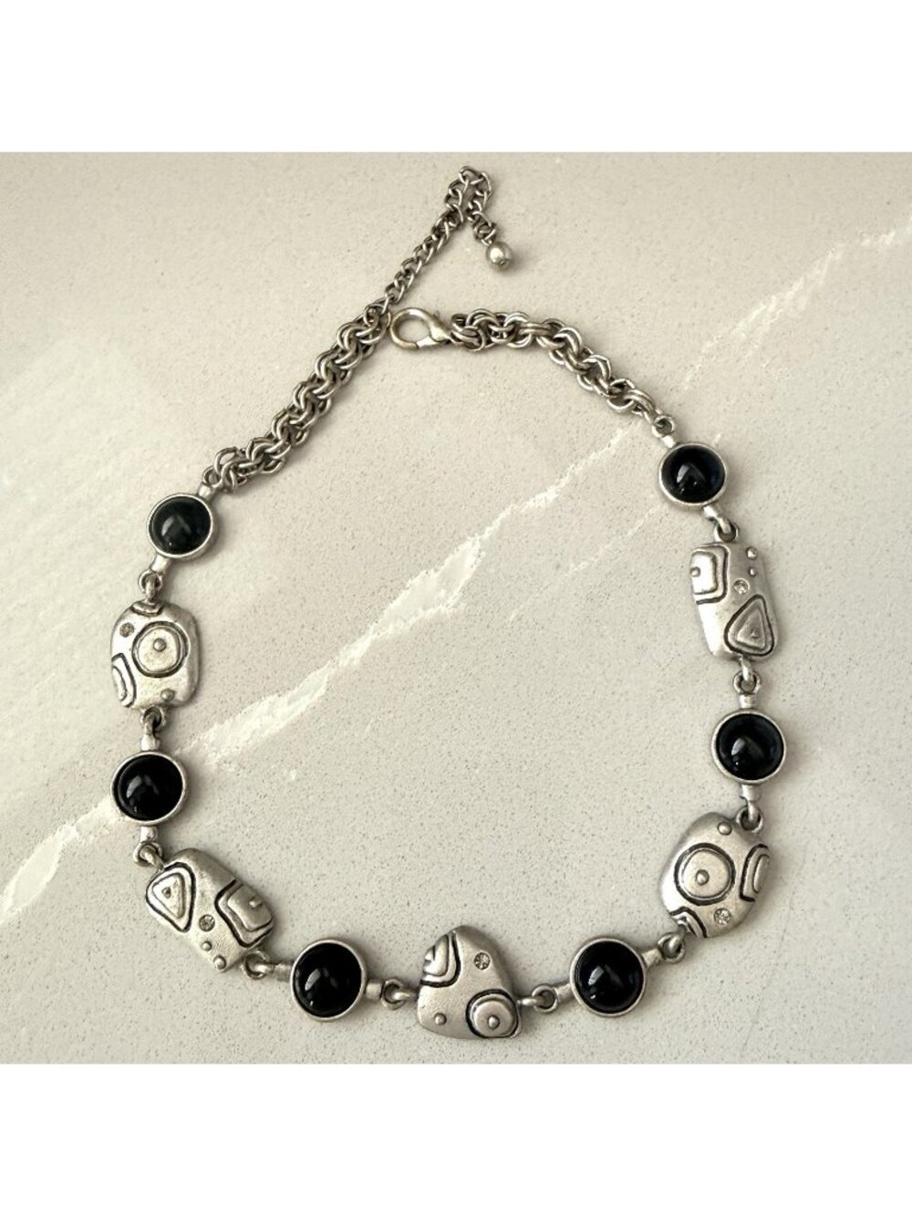 AJMC Necklace Silver- Toned Pewter Metal And Black Stone Contemporary Tribal